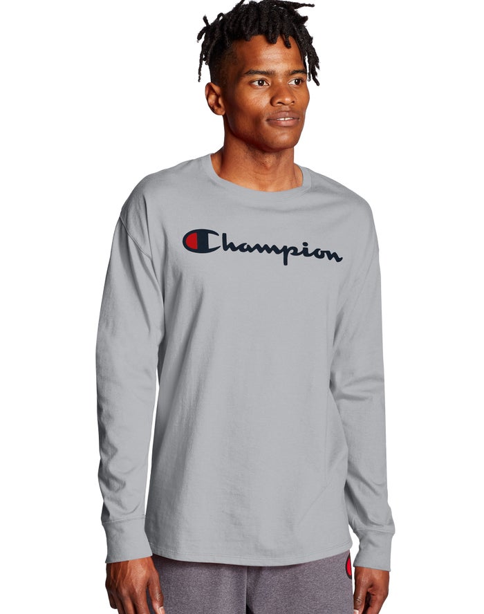 Champion Classic Long-Sleeve Script Logo Grey T-Shirt Mens - South Africa AMCJDK428